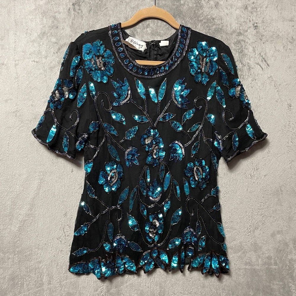 Vintage Stenay 100% Silk Beaded Sequin Blouse Teal Floral Evening Size 16